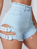 Trendy Hottie Sexy Retro Hairy Side On Both Sides Of The Hollow Can Adjust Denim Super Shorts Hot