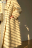 Winter Long Vintage White Thick Warm Fluffy Wool Blends Coat Women Double Breasted Elegant Luxury Designer Clothes