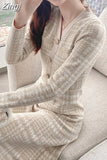 Button Plaid Sexy Sweater Woman Dress Elegant Korean Evening Long Sleeve V-Neck Maxi Dresses for Women Party Autumn