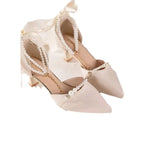 Women 2025 Summer New Pointed Bow Ribbon Coarse Shoes With Pearl Chain Sandals