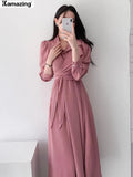 Autumn Women Casual Elegant Lace-up Shirt Dress Female Fashion A-Line Midi Dress Office Lady