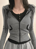 Fresh Sweet Spicy Wind Striped Hooded Collar Jacket With Thin Short Cardigan Long-Sleeved Top Autumn Dress