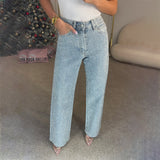 Industry Full Of Diamond Water Wash Jeans Women Senior Sense Low-Rise Straight Trousers Personality Hottie High Street