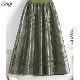 PU Leather Midi Long Skirt Women 2022 Korean Fashion Green Black Hollow Out A Line High Waist Skirt