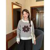 Autumn And Winter New Korean Casual Small Collar Striped Flower Sweater Women's Loose Long-Sleeved Knitting