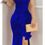 Women Formal Party Long Dress 2023 Fashion Velvet Off Shoulder Ruffle Hem Split Maxi Dress Roupas Femininas Vestidos De