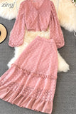 Lace Two Piece Set Vintage V-Neck Puff Long Sleeve Short Blouse + High Waist A-Line Ruffle Skirt Female