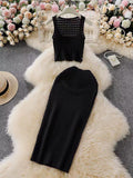 Hottie Port Style Suit Women's Summer Short Vest Top With High Waist Half Skirt Knit Two