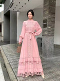 Small Vintage Hollow Lace Splicing Strap Belt Lantern Sleeve Dress Female Court Long