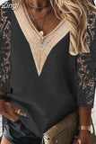 Women Tops Elegant Long Sleeve Blouse Spring V-neck Stitching Hollow Out Lace Chiffon Shirt Casual Loose Clothes Blusas