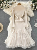 Winter Women Black/Red/Beige Mesh Patchwork Knitted Dress Vintage Long Sleeve High Waist Mermaid Vestidos Female