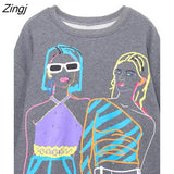 Women Fashion Contrast Color Beauty Print Casual Fleece Sweatshirts Female Long Sleeve Hoodies Chic Pullovers Tops