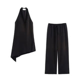 Women's ZA Hanging Neck Collar Minimalist Asymmetrical Top With Trousers