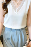 Tops for Women Satin Mesh Female Tank Top Sexy V-neck Woman Vest White Basic 2023 Ladies Tops Sleeveless Women