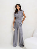 Faitry Face Solid-Colored Collared Folded Fork Vest Top Broad Leg Trousers Set