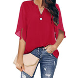 Short Sleeve Elegant Casual Pullover Solid Color V-neck Chiffon