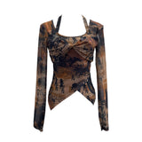 Special To The Net Yarn Design Sense Hanging Neck Top Cross Folded Repair Short T-Shirt