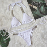 Zingj New Bikini Bandage Cross Bikini Solid Color Metal Diamond Swimsuit Sexy Female