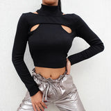 Zingj Careful Machine Hollow Out Off-Shoulder Undershirt Women's Short Crop T-Shirt Slim Fake Two Tops