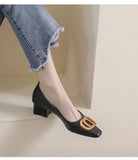 Zingj 2023 New Fashion Square Head Shallow Metal Buckle Thick Heel Single Shoe Medium Heel Women's
