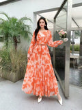 Temperament Dress Women 2025 Summer New High-End Feeling Waist Round Lantern Sleeve Print