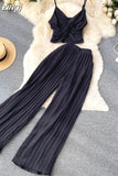 Women Pleated Two Piece Set Sexy Female Criss Cross Twist Strap Tops + High Waist Draped Pants Beach Suits Vacation