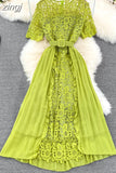 Women Lace Patchwork Pleated Long Dress Elegant Round Neck Short Sleeve High Waist Draped Party Maxi Vestidos Female