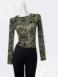 Zingj Sexy Plant Print Mesh Bottom Shirt Women's Thin Hollow See-Through Elastic Slim Short Long-Sleeve