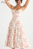 Women's Summer Floral Print Dresses Sweet Elegant Midi Holiday Dress Casual Slit Blue Lace Up Dresses