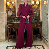 Famous Yuan Two Sets Of 2025 Autumn New Diamond V-Neck Splicing Mesh Suit High-Waisted Trousers Suit