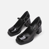 Heels Women Black College Style Small Leather Shoes Thick Heel With Square Thick Soles Of French Mary Treasure