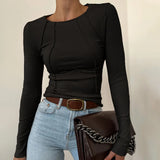 Shein New Spring Autumn New Sweet Spicy Solid Color Line Long-Sleeved Collar T-Shirt