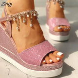 New Women Wedge Sandals Summer Bead Studded Detail Platform Sandals Buckle Strap Peep Toe Thick Bottom Casual Shoes
