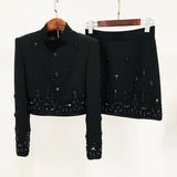 Trendy French Romance New Heavy Industry Nail Beads Drill Short Top Skirt Set Two