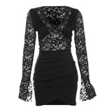 New Women's Clothing Simple Solid Color Lace Decoration V Collar Long Sleeve High Waist Tight