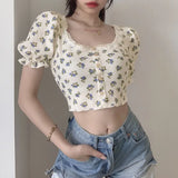 Zingj Summer Vintage Floral Short T-Shirt Women's Collar Puffed Sleeves Show Navel Top