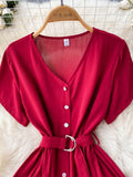 Vintage V-Neck Single Breasted Midi Dress For Women Elegant Short Sleeve High Waist A-Line Slim Green/Red/Purple