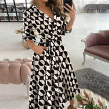 Women's Fashion Print Long-Sleeved V-Neck Bag-Groomed Commuting Dress