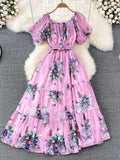 Women Floral Chiffon Dress Vacation Beach Vestidos Female Elegant Slash Neck High Waist A-Line Midi Robe Bohemian