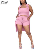 Women Casual 3 Pcs Sets Solid Set Spaghetti Straps Tank Top + Shorts+ Sleeveless Cardigan