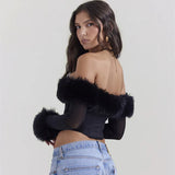 Zingj Women's Winter 2023 New Sexy Maomao One-Line Collar Off-Shoulder Gauze Long Sleeve Irregular