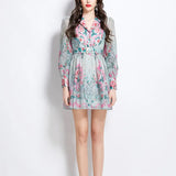 Retro Elegant Suit Collar Long Sleeves With Waist Print Dress Women's Thin Temperament Single Buckle A