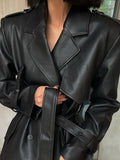 Spring Autumn Long Black Soft Pu Leather Trench Coat for Women Belt Double Breasted Cool Handsome European Fashion