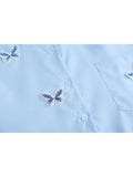 Women's Blouse Fashion Lapel Collar Blue Butterfly Shirts Long Sleeve Single Breasted Streetwear Casual Loose Female Blouses