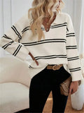 And Winter Loose V-Neck Stripes Bumpy Long-Sleeved Polo Shirt