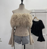 Wind Shoulder Hair Knitted Shirt Girl Short To Make Old Broken Long-Sleeved T-Shirt Top