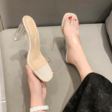 Women Summer New Square Head Transparent Word With High Heels Crystal Coarse Fashion Large-Size Slippers Women