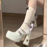 Lolita Shoes 2025 Spring New Fashion Bow High Heel Single Shoe Pearl Buckle Thick