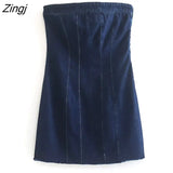 Women Fashion Off Shoulder Strapless Slim Short Denim Mini Shirt Dress Ladies Side Zipper Casual Party Vestidos