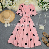 Zingj Big Wave Point Foreign Air Horn Short Sleeve Temperament V Neck Tie Closed Waist Show Thin Long Dress Female Summer